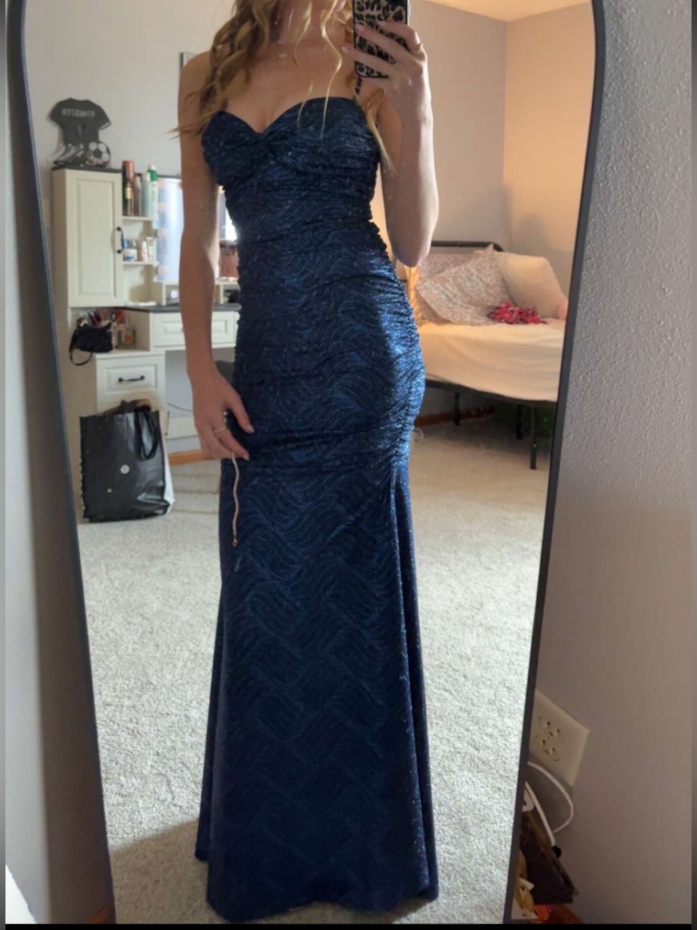 Windsor Navy Sparkle Ruched Prom Gown - Picture 5 of 7